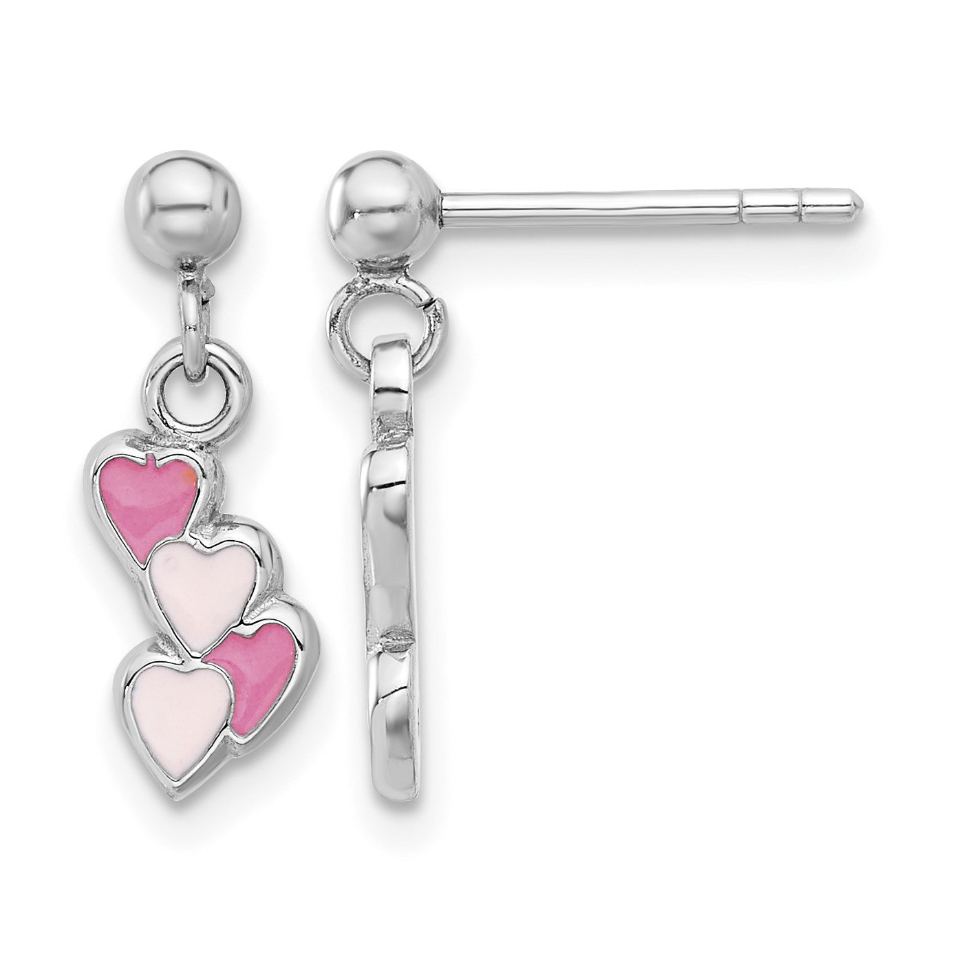 Sterling Silver Rhodium-plated Pink Enameled Hearts Children's Post Dangle Earrings