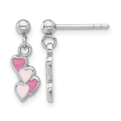 Sterling Silver Rhodium-plated Pink Enameled Hearts Children's Post Dangle Earrings