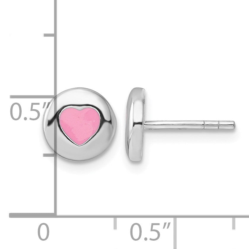 Sterling Silver Rhodium-plated Pink Enameled Heart Circle Children's Post Earrings
