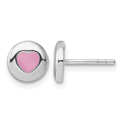 Sterling Silver Rhodium-plated Pink Enameled Heart Circle Children's Post Earrings