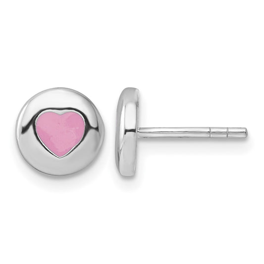 Sterling Silver Rhodium-plated Pink Enameled Heart Circle Children's Post Earrings