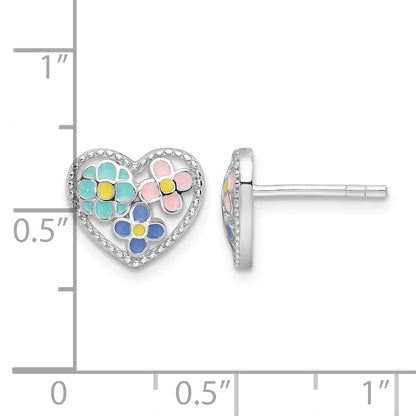 Sterling Silver Rhodium-plated Polished & Beaded Multi-color Enameled Floral Heart Children's Post Earrings