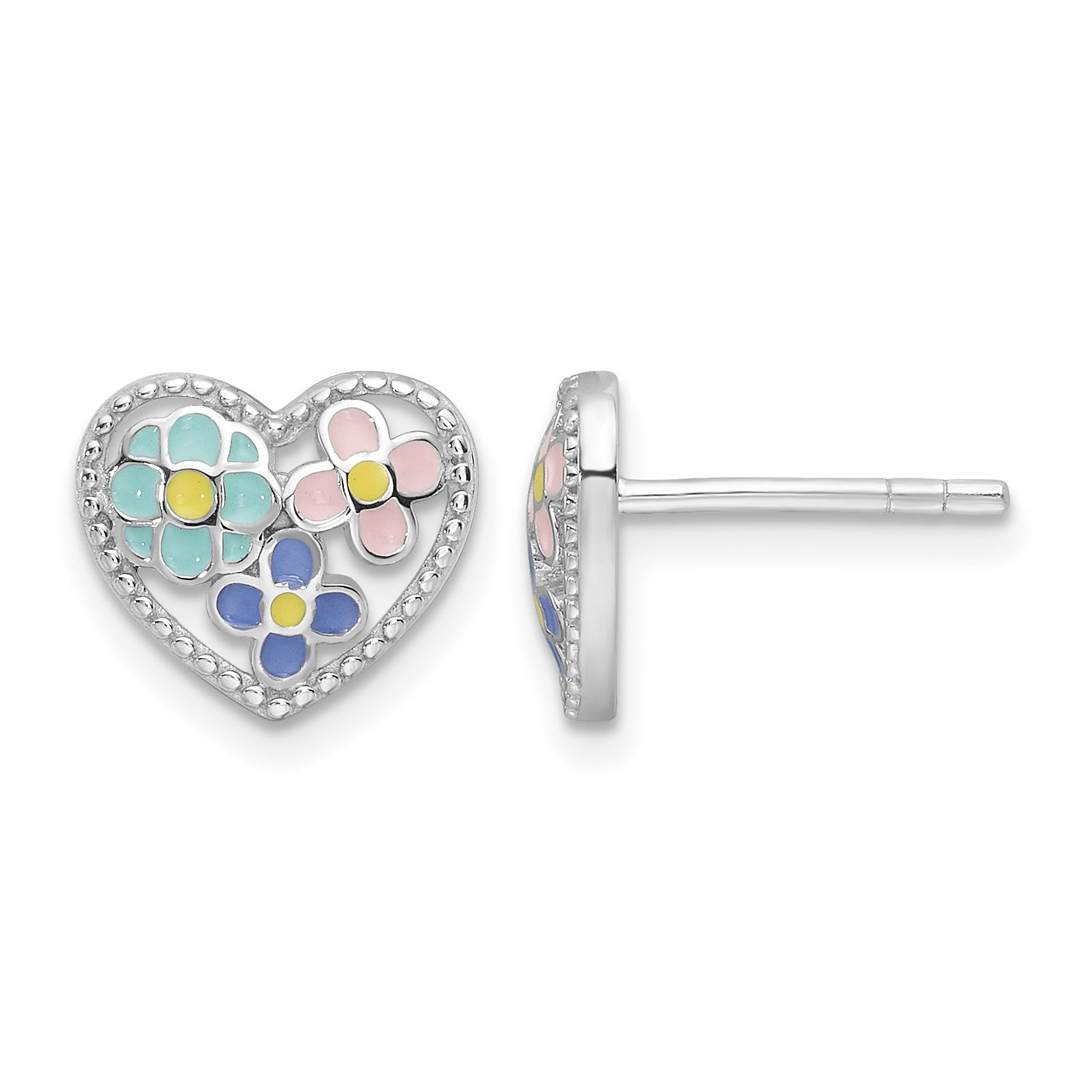 Sterling Silver Rhodium-plated Polished & Beaded Multi-color Enameled Floral Heart Children's Post Earrings