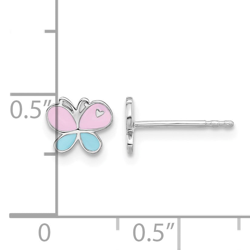 Sterling Silver RH-pltd Blue/Pink Enamel Butterfly Children's Post Earrings