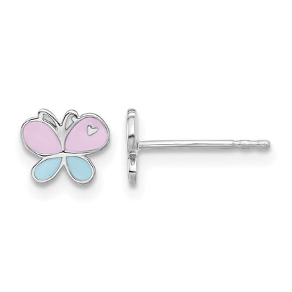 Sterling Silver RH-pltd Blue/Pink Enamel Butterfly Children's Post Earrings