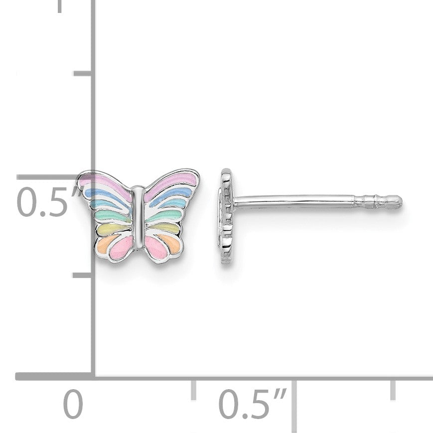 Sterling Silver RH-plated Rainbow Enamel Butterfly Children's Post Earrings