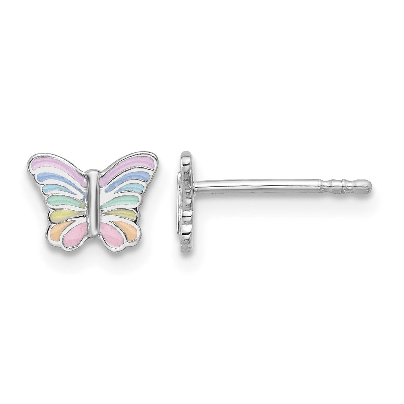 Sterling Silver RH-plated Rainbow Enamel Butterfly Children's Post Earrings