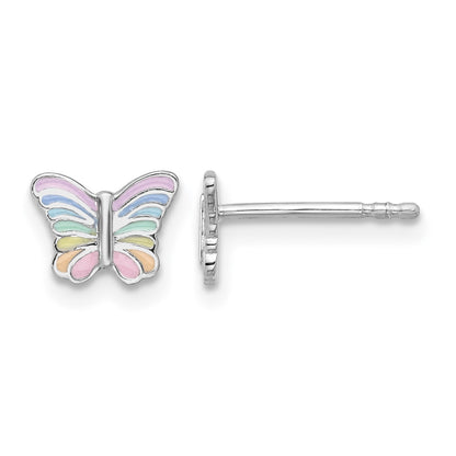 Sterling Silver RH-plated Rainbow Enamel Butterfly Children's Post Earrings