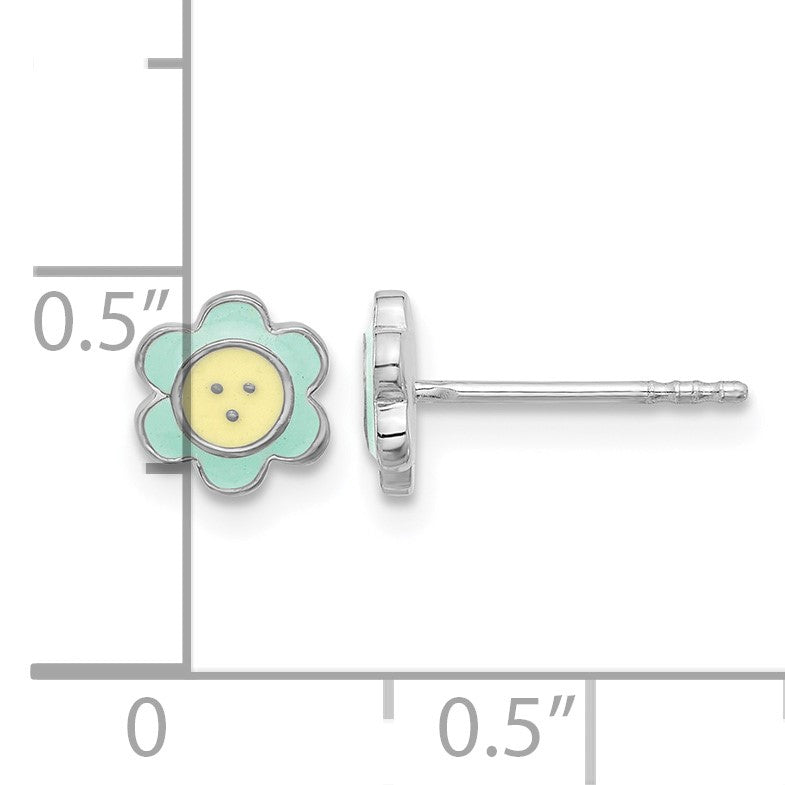 Sterling Silver Rhodium-plated Enamel Flower Children's Post Earrings