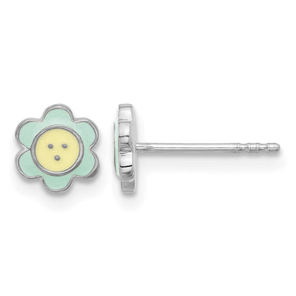 Sterling Silver Rhodium-plated Enamel Flower Children's Post Earrings