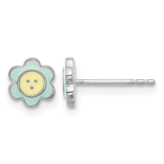 Sterling Silver Rhodium-plated Enamel Flower Children's Post Earrings