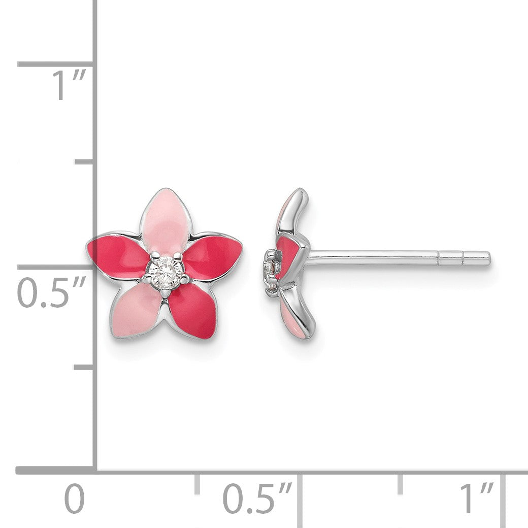 Sterling Silver RH-plated Pink Enamel & CZ Flower Children's Post Earrings