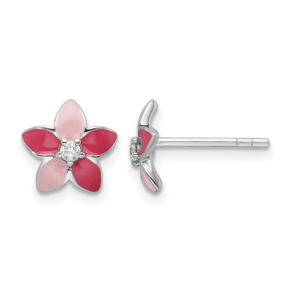 Sterling Silver RH-plated Pink Enamel & CZ Flower Children's Post Earrings