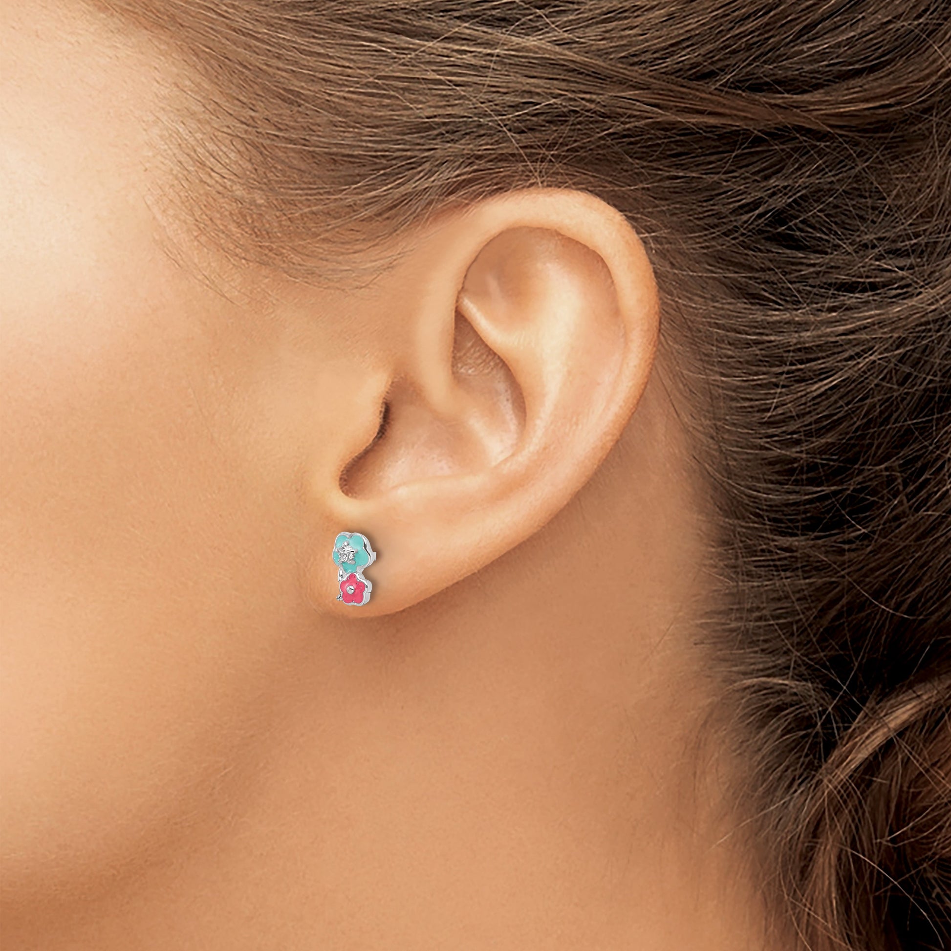 Sterling Silver RH-plated CZ & Enamel Flowers Children's Post Earrings