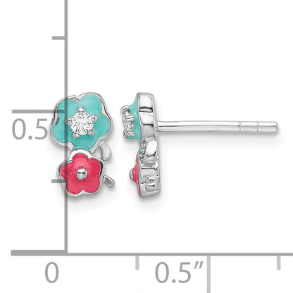 Sterling Silver RH-plated CZ & Enamel Flowers Children's Post Earrings