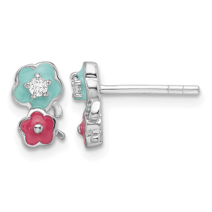 Sterling Silver RH-plated CZ & Enamel Flowers Children's Post Earrings