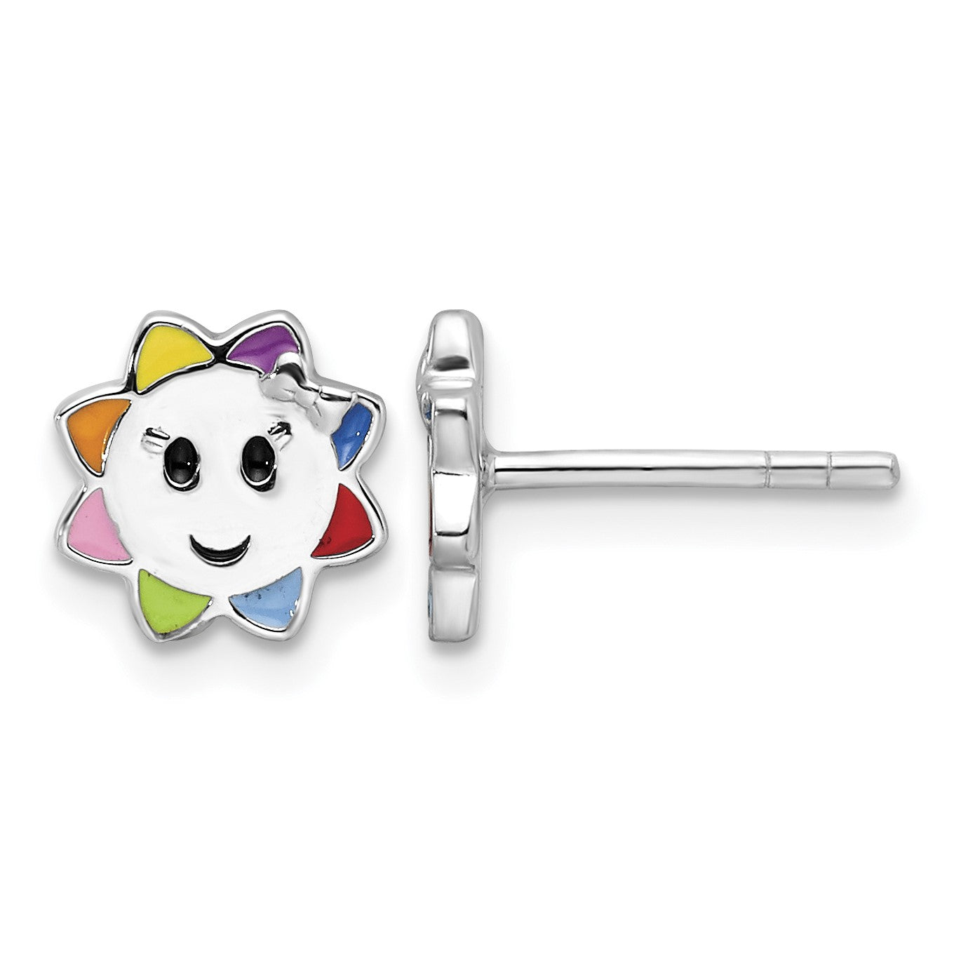 Sterling Silver RH-plated Multicolor Enameled Sun Children's Post Earrings