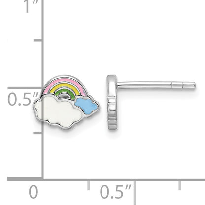 Sterling Silver Rhodium-plated Multicolor Enameled Rainbow & Clouds Children's Post Earrings