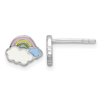 Sterling Silver Rhodium-plated Multicolor Enameled Rainbow & Clouds Children's Post Earrings