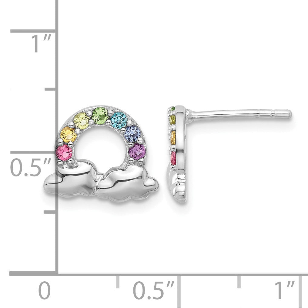 Sterling Silver Rhodium-plated Polished Crystal Rainbow & Clouds Children's Post Earrings
