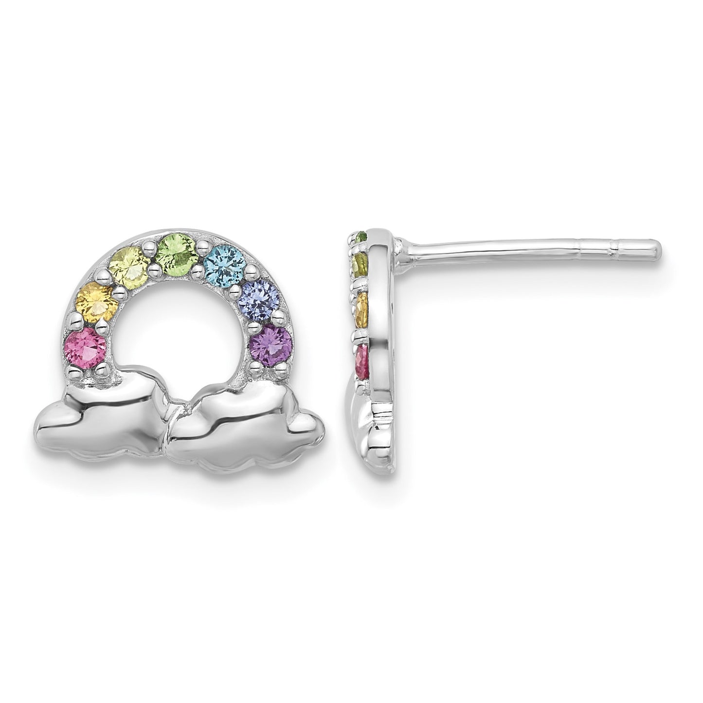 Sterling Silver Rhodium-plated Polished Crystal Rainbow & Clouds Children's Post Earrings