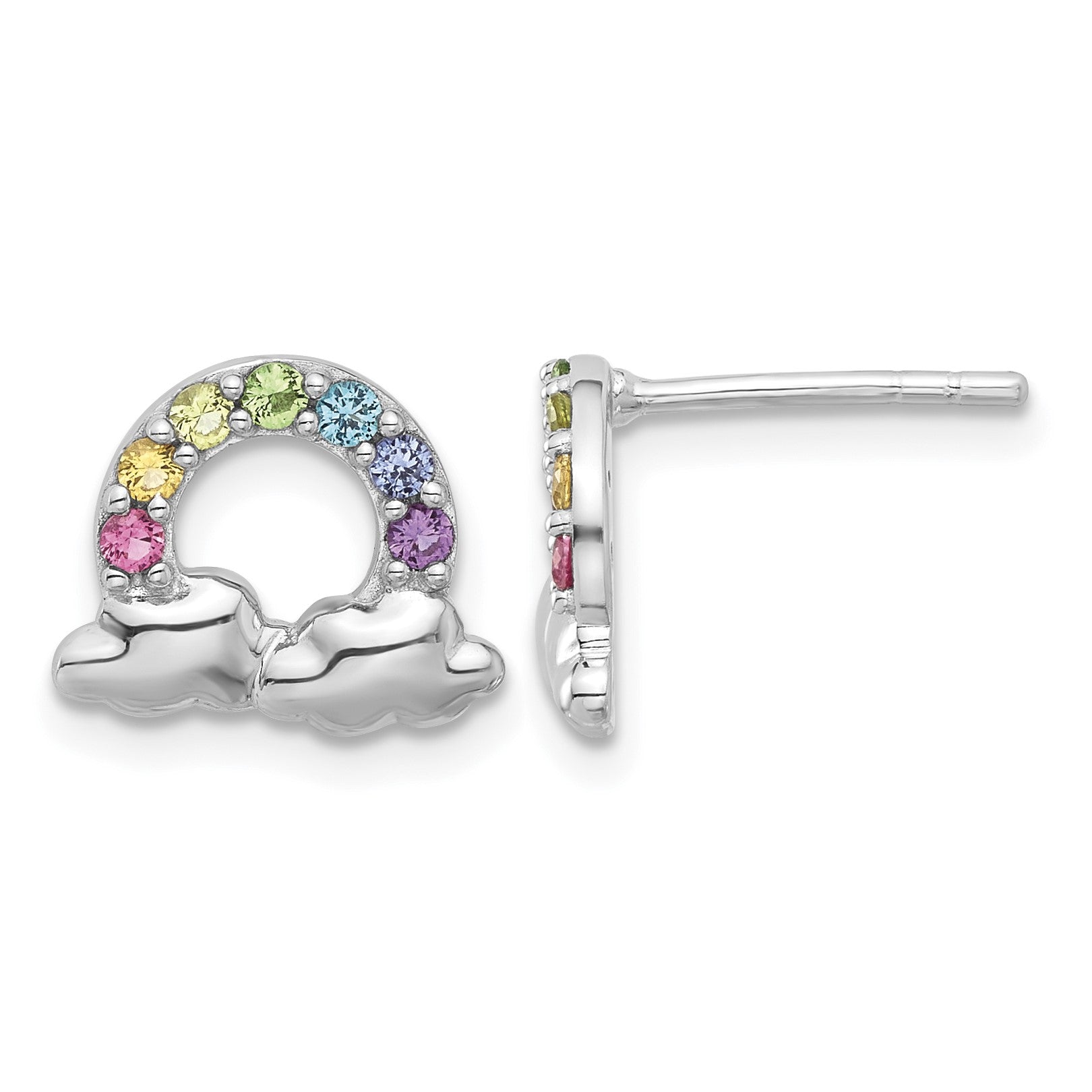 Sterling Silver Rhodium-plated Polished Crystal Rainbow & Clouds Children's Post Earrings
