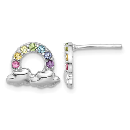 Sterling Silver Rhodium-plated Polished Crystal Rainbow & Clouds Children's Post Earrings