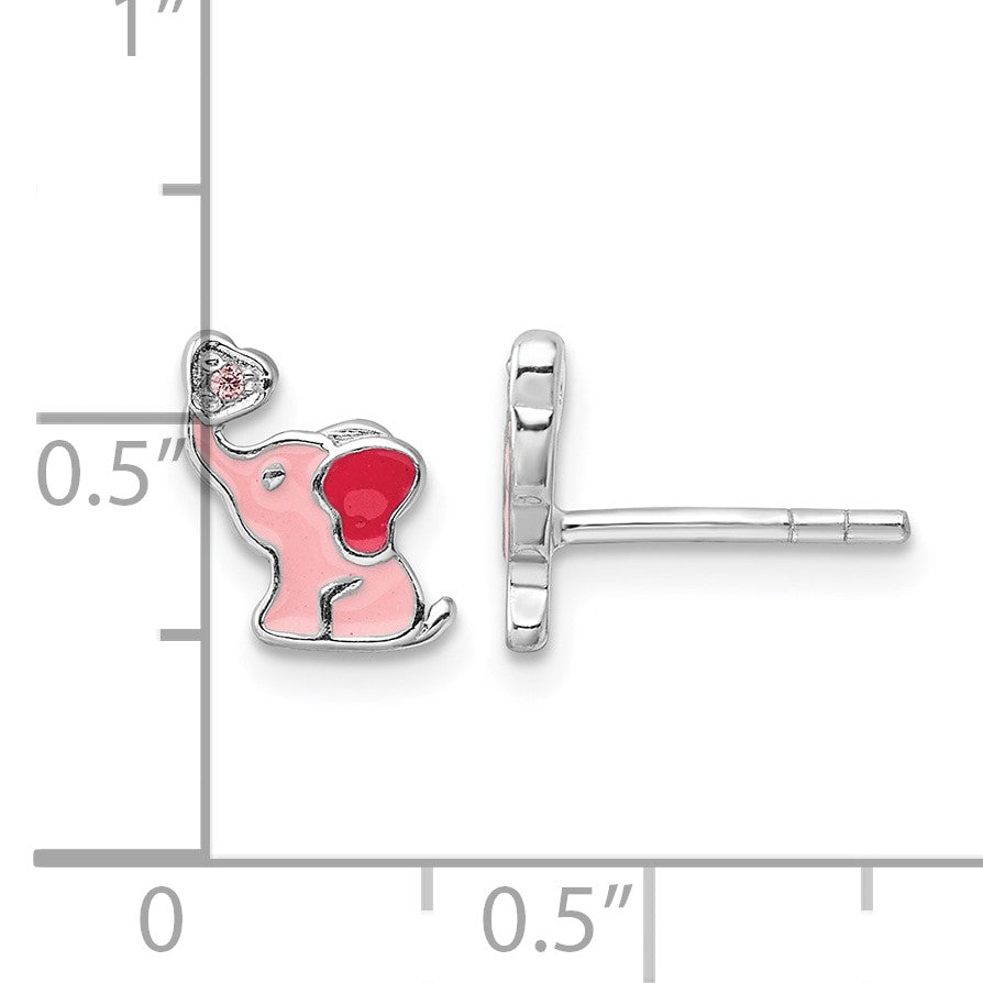 Sterling Silver RH-pltd Pink Enamel & CZ Elephant Children's Post Earrings