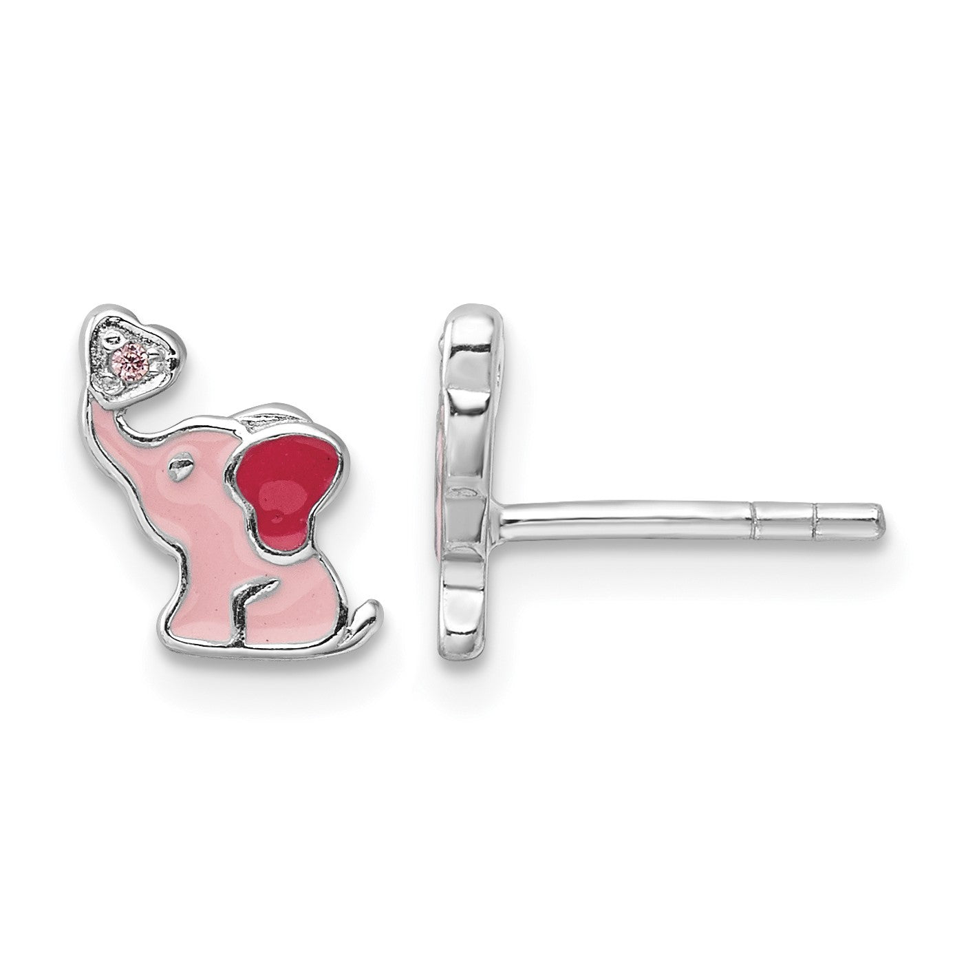 Sterling Silver RH-pltd Pink Enamel & CZ Elephant Children's Post Earrings