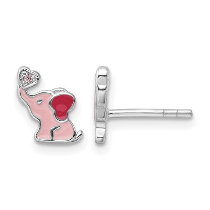 Sterling Silver RH-pltd Pink Enamel & CZ Elephant Children's Post Earrings