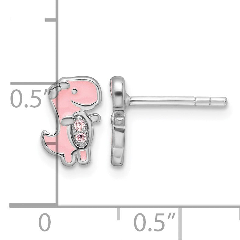 Sterling Silver RH-pltd Pink CZ & Enamel Dinosaur Children's Post Earrings