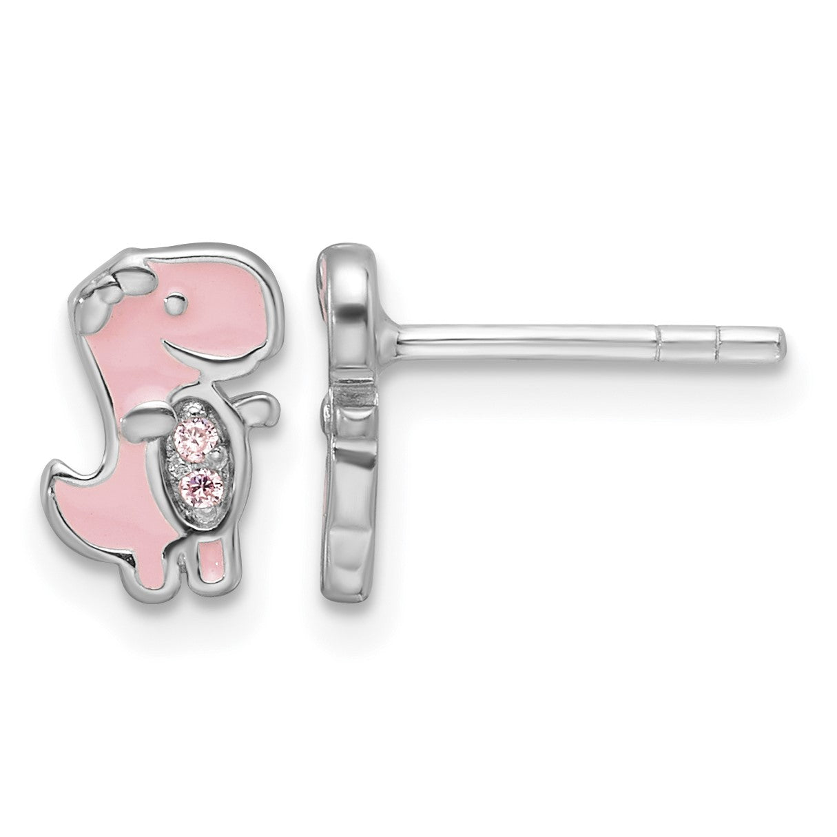 Sterling Silver RH-pltd Pink CZ & Enamel Dinosaur Children's Post Earrings