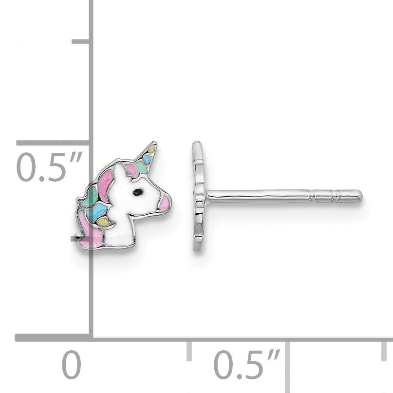 Sterling Silver Rhodium-plated Enameled Unicorn Children's Post Earrings