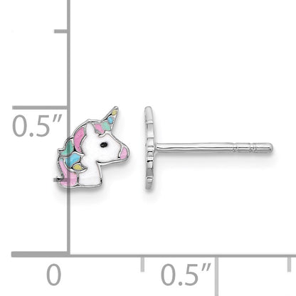 Sterling Silver Rhodium-plated Enameled Unicorn Children's Post Earrings
