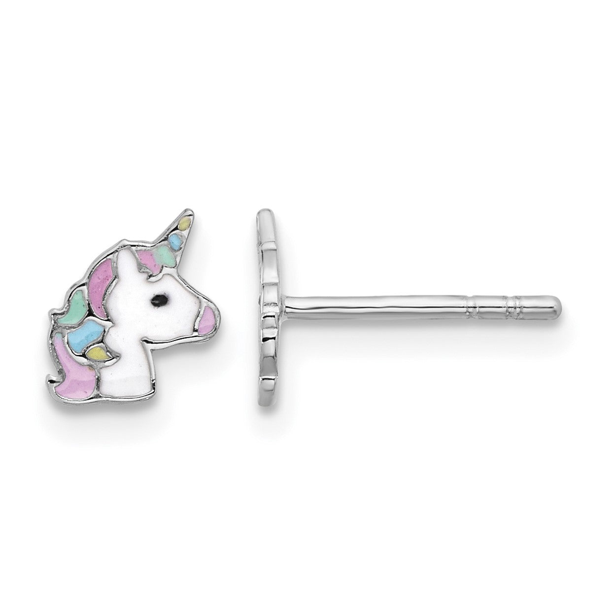 Sterling Silver Rhodium-plated Enameled Unicorn Children's Post Earrings