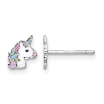 Sterling Silver Rhodium-plated Enameled Unicorn Children's Post Earrings