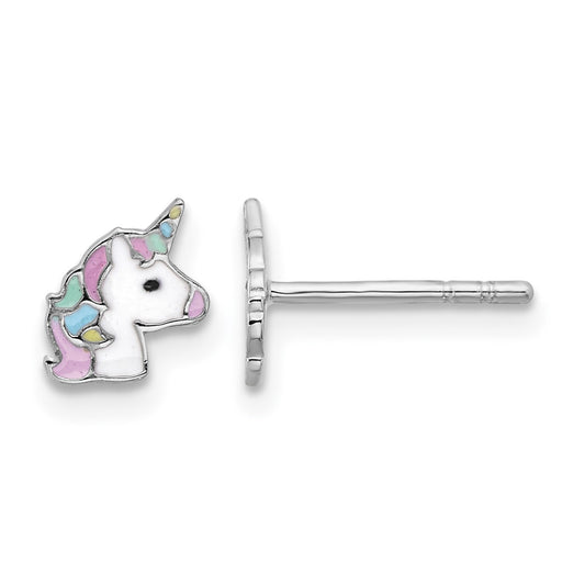 Sterling Silver Rhodium-plated Enameled Unicorn Children's Post Earrings