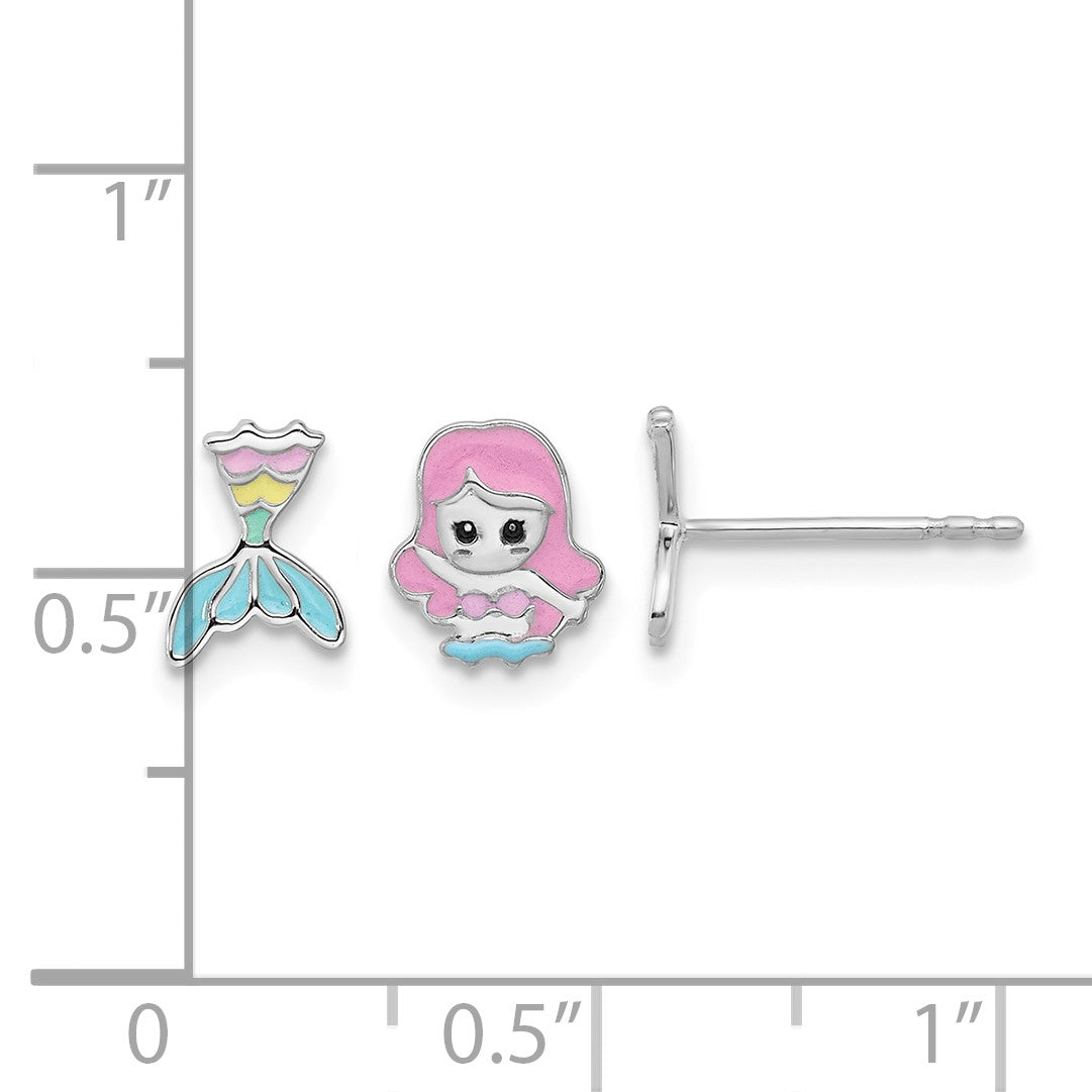 Sterling Silver RH-pltd Multicolor Enamel Mermaid Children's Post Earrings