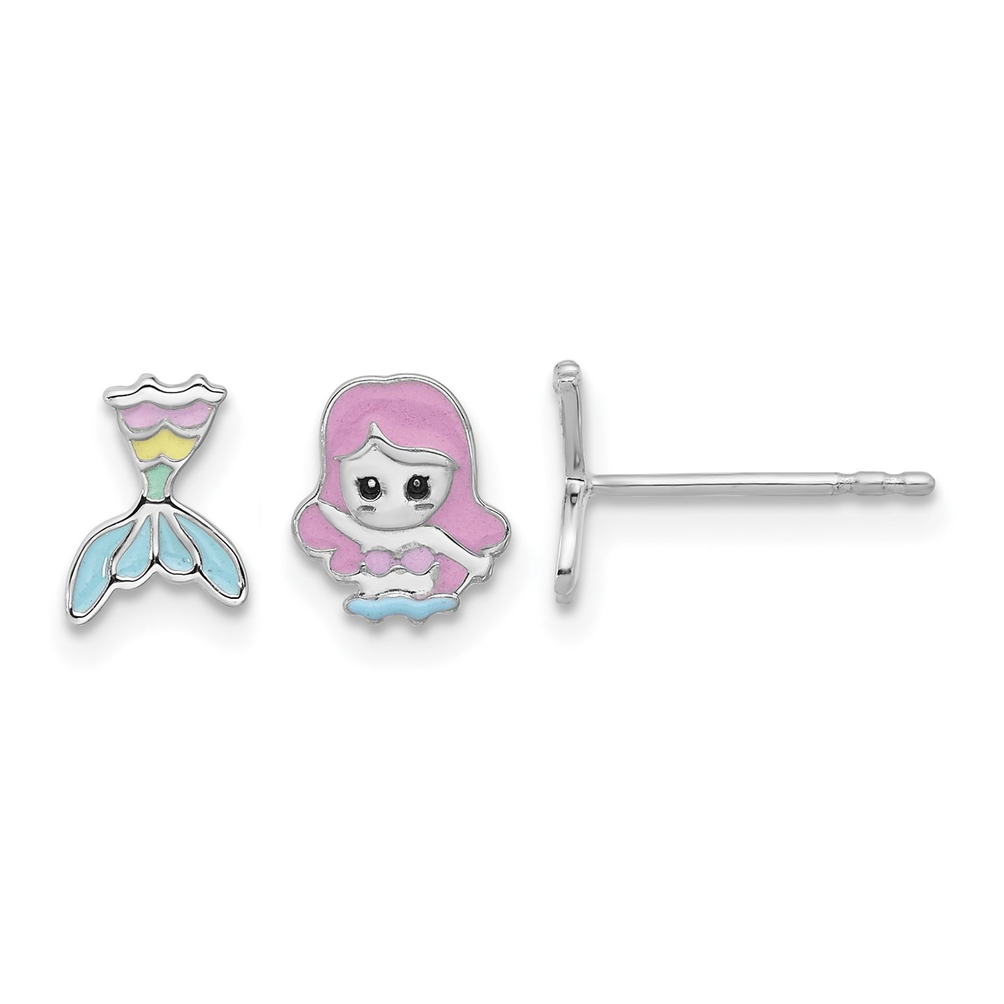 Sterling Silver RH-pltd Multicolor Enamel Mermaid Children's Post Earrings