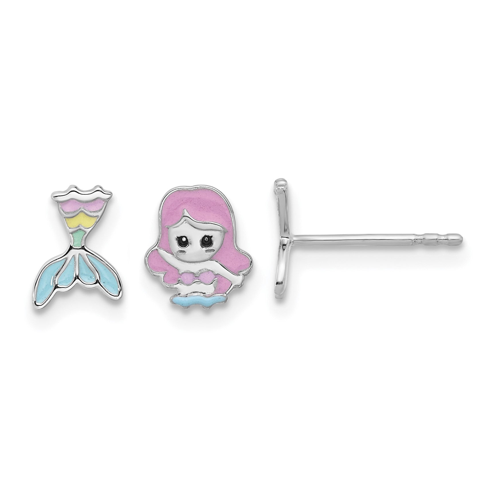 Sterling Silver RH-pltd Multicolor Enamel Mermaid Children's Post Earrings