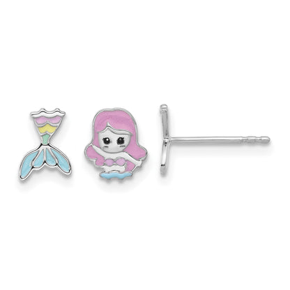 Sterling Silver RH-pltd Multicolor Enamel Mermaid Children's Post Earrings