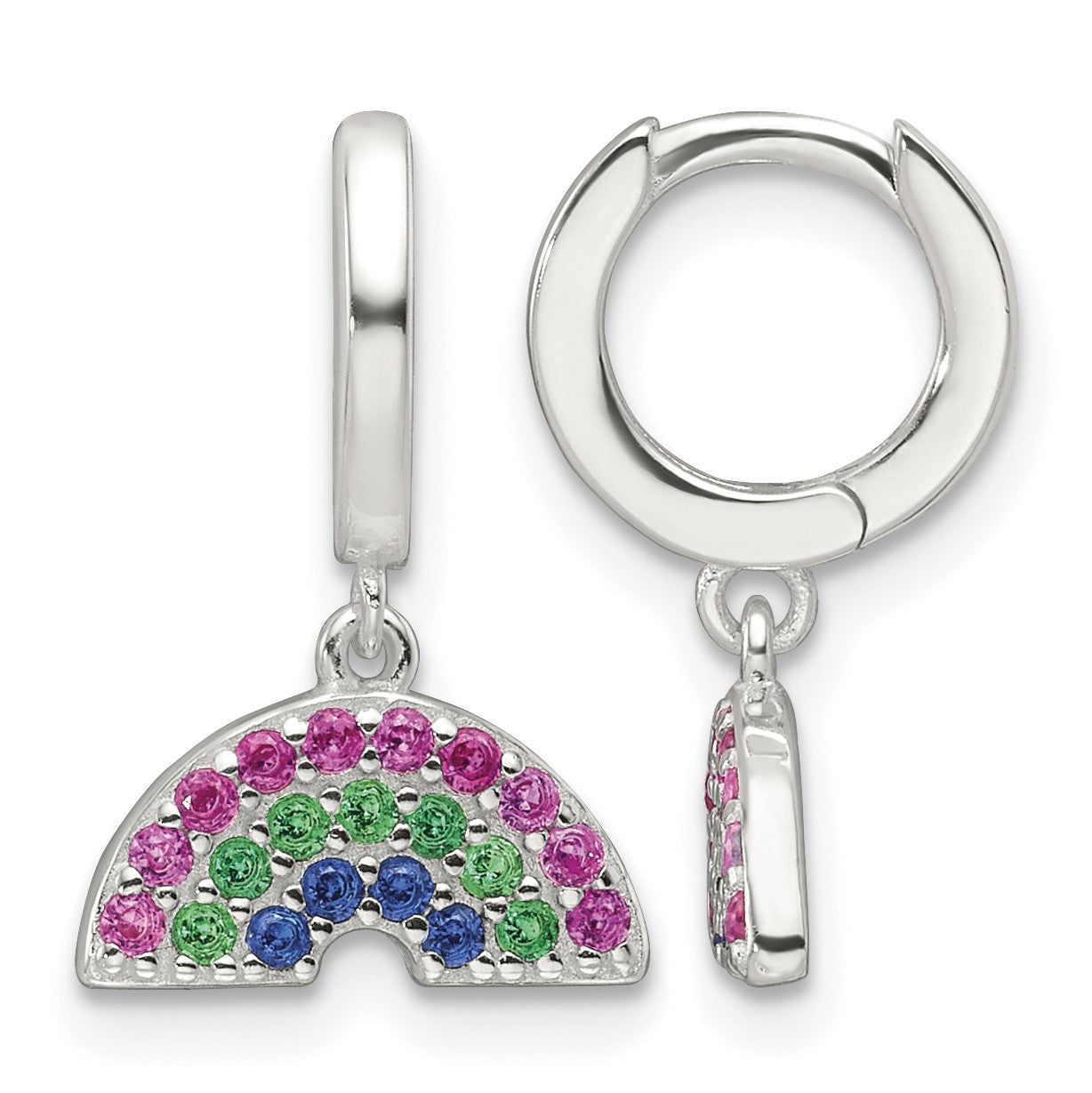Sterling Silver E-Coating Polished Multicolor CZ Dangle Rainbow Children's Round Hoop Earrings