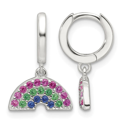 Sterling Silver E-Coating Polished Multicolor CZ Dangle Rainbow Children's Round Hoop Earrings