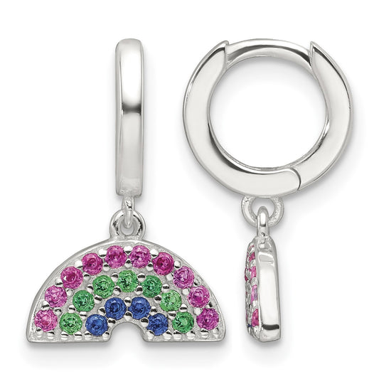 Sterling Silver E-Coating Polished Multicolor CZ Dangle Rainbow Children's Round Hoop Earrings