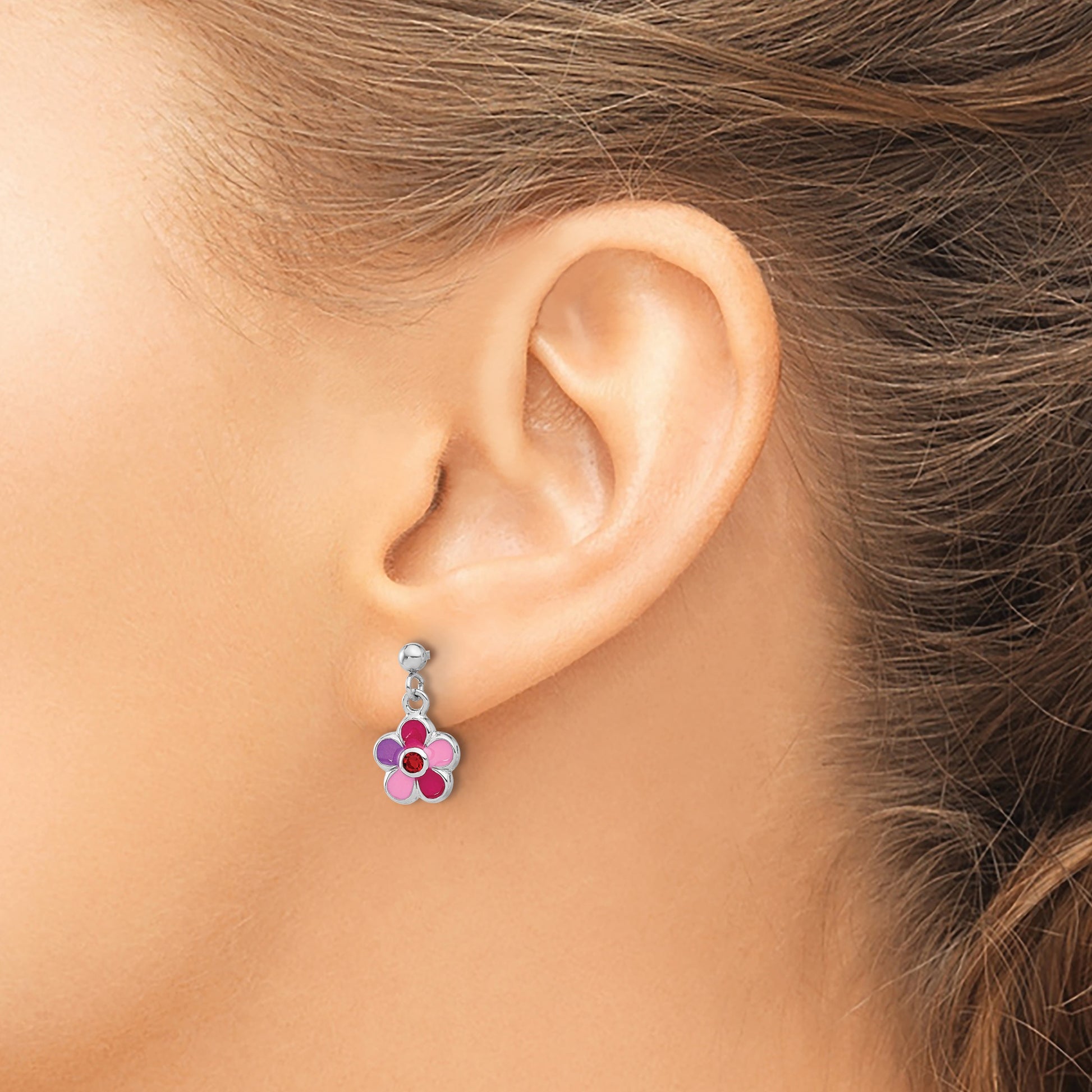 Sterling Silver Rhodium-plated Polished & Multi-color Enameled Red Crystal Flower Children's Post Dangle Earrings