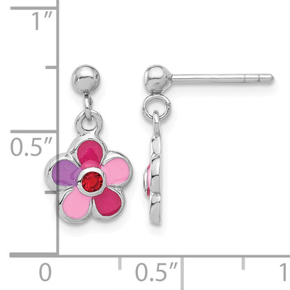 Sterling Silver Rhodium-plated Polished & Multi-color Enameled Red Crystal Flower Children's Post Dangle Earrings