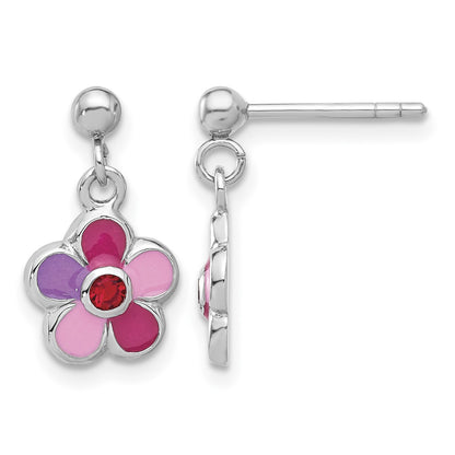 Sterling Silver Rhodium-plated Polished & Multi-color Enameled Red Crystal Flower Children's Post Dangle Earrings