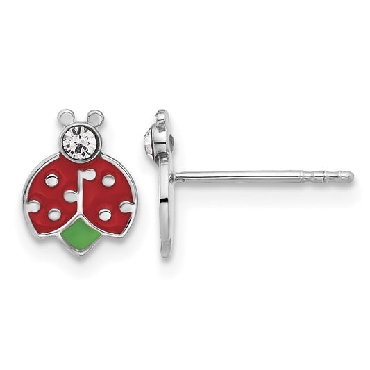 Sterling Silver Rhodium-plated Polished Enameled & Crystal Ladybug Children's Post Earrings