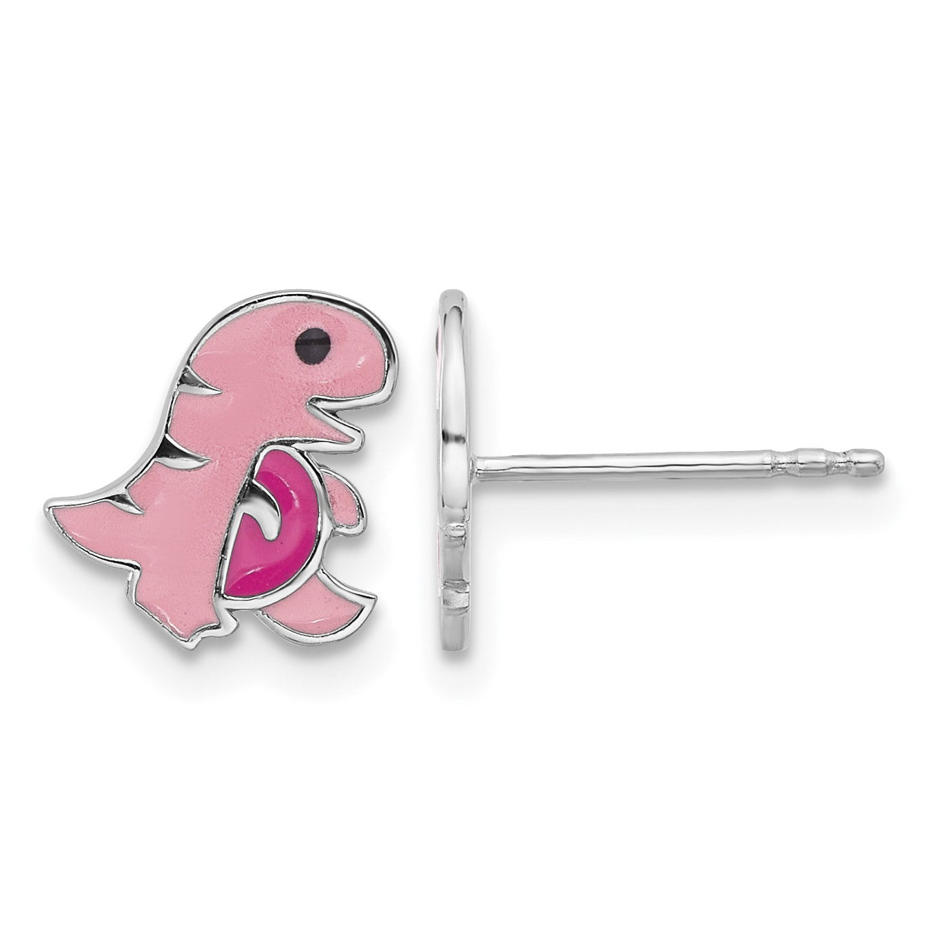 Sterling Silver Rhodium-plated Polished Pink Enamel Dinosaur Children's Post Earrings