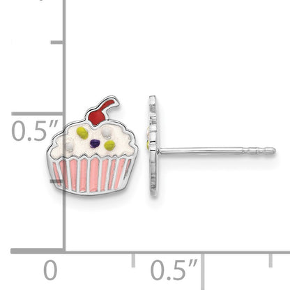 Sterling Silver Rhodium-plated Polished Multi-color Enamel Cupcake Children's Post Earrings